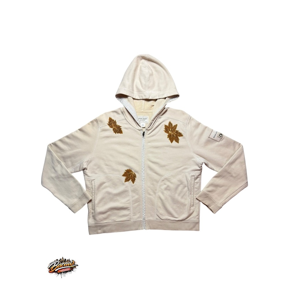 Eddie Bauer Womens XL Cream Full Zip Hoodie Embroidered Maple Leaves EB-20